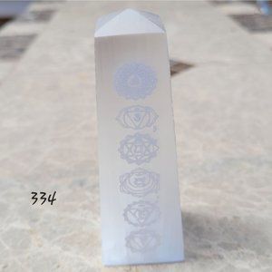 Selenite Obelisk Chakra Symbols Clearing and Charging Approximately 3 inches